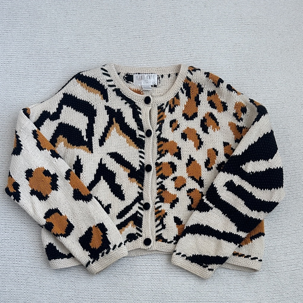 Vintage Hand Knit The Limited Animal Print Cardigan Sweater Size Small
